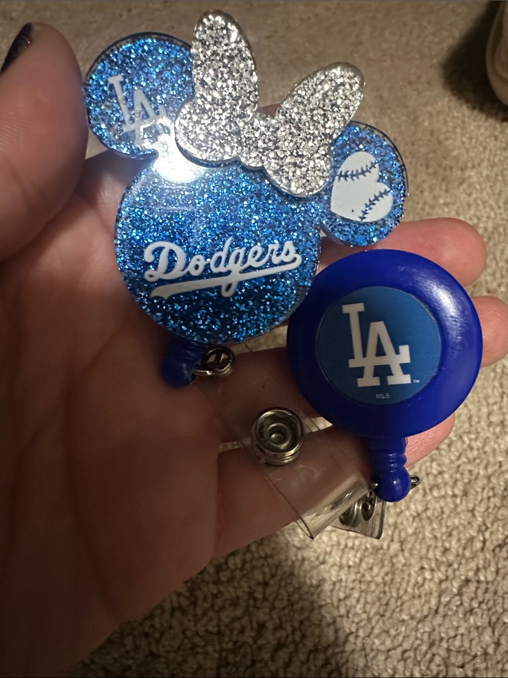 Los Angeles Dodgers baseball Blue Glitter Minnie Badge Reel and plain reel set